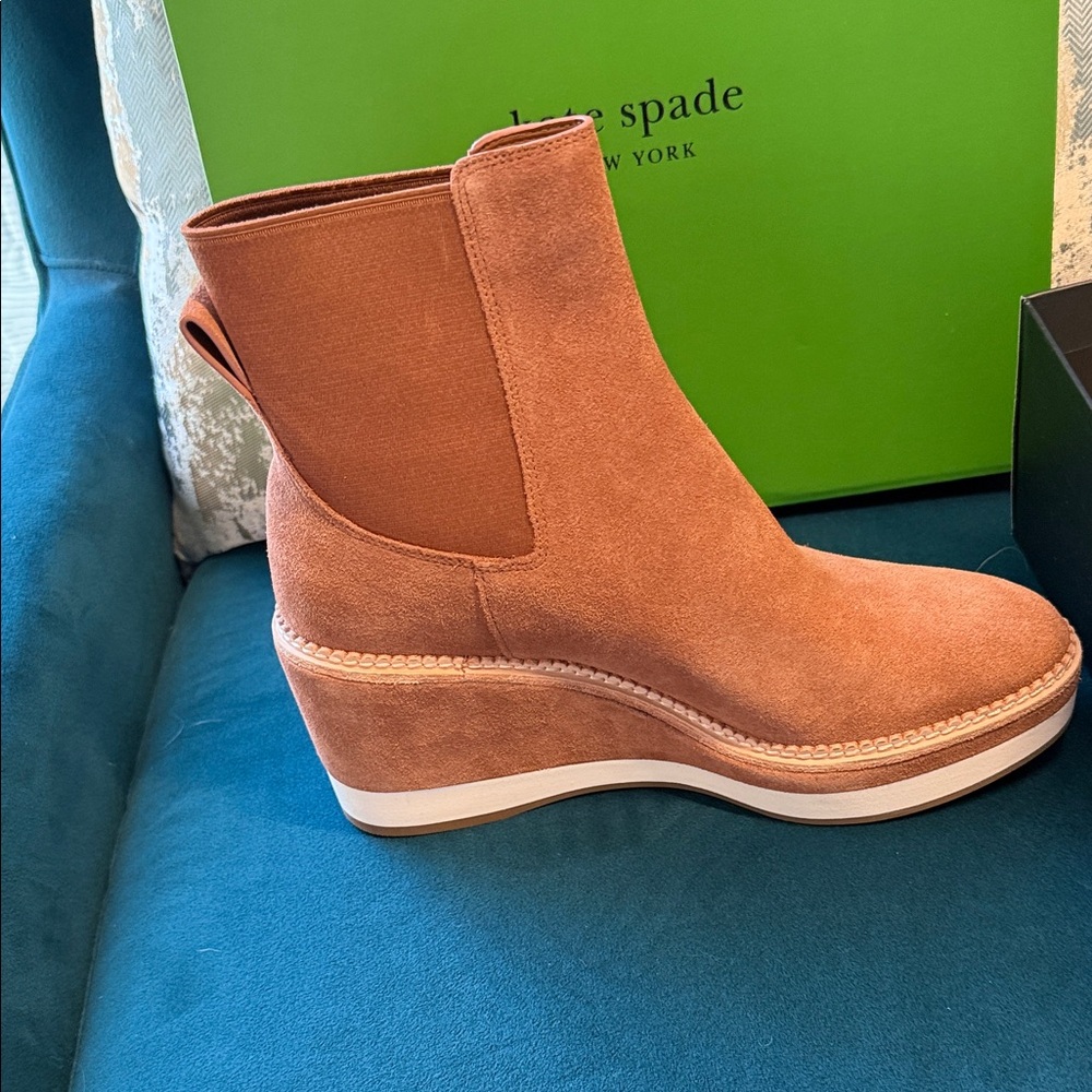 Kate Spade Tan Suede Ankle Boots with platform and wedge